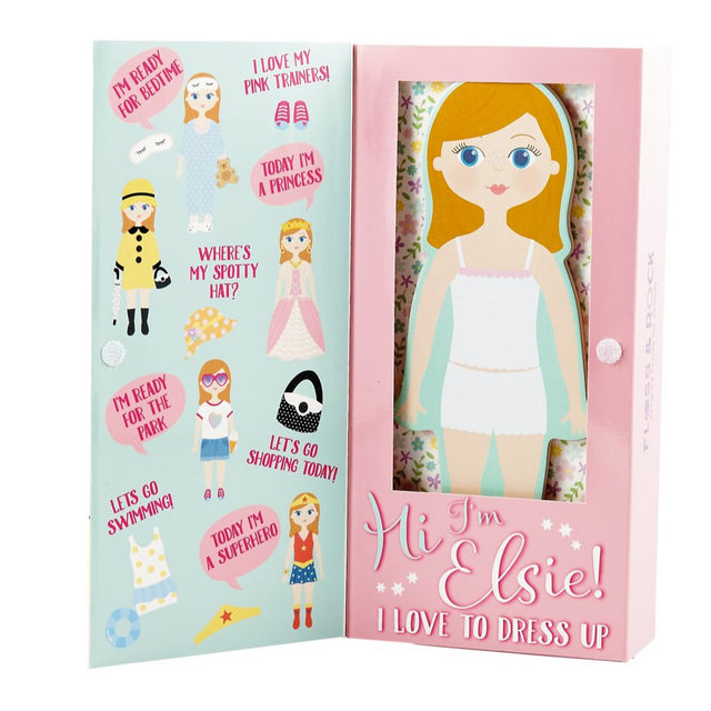 Magnetic Dress Up | Elsie wooden magnetic doll with various outfits and accessories in a colorful display box.