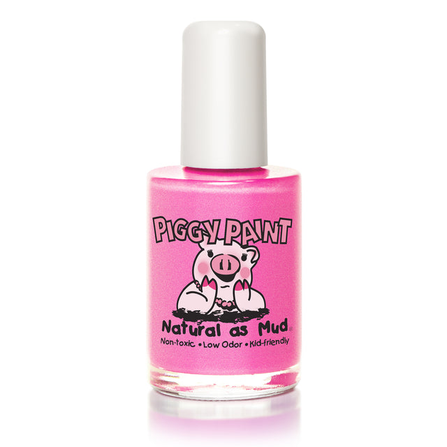 Nail Polish Jazz it Up by Piggy Paint, bright pink shimmer, non-toxic, kid-friendly, water-based, and cruelty-free polish.