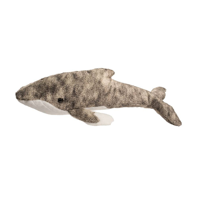 Humpback Whale Archie plush features realistic mottled fabric, soft for cuddling, measuring 14 inches long for kids ages 2 and up.