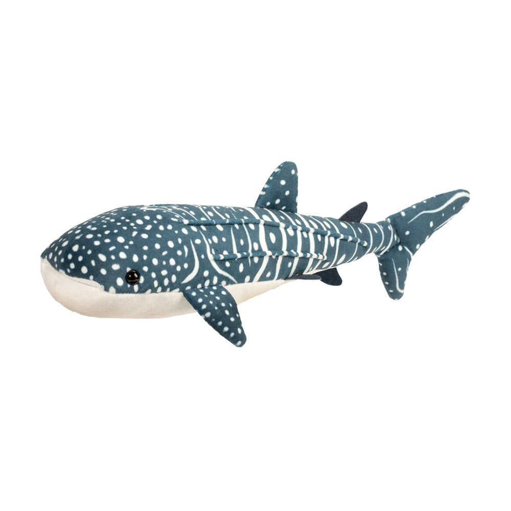 Whale Shark Decker plush soft toy with realistic white spots and black eyes, perfect for cuddling and learning.