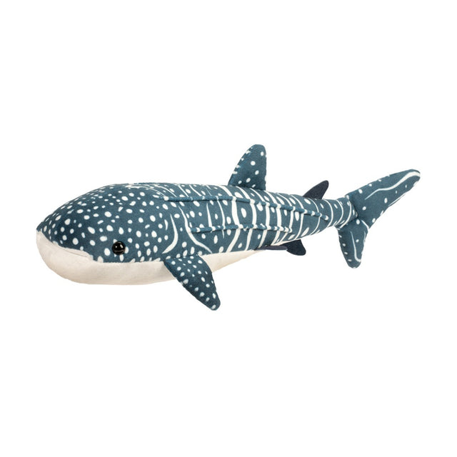 Whale Shark Decker plush soft toy with realistic white spots and black eyes, perfect for cuddling and learning.