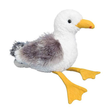 Seagull Seymore plush toy with soft grey and white fur, yellow beak and feet, perfect seaside souvenir for all ages.