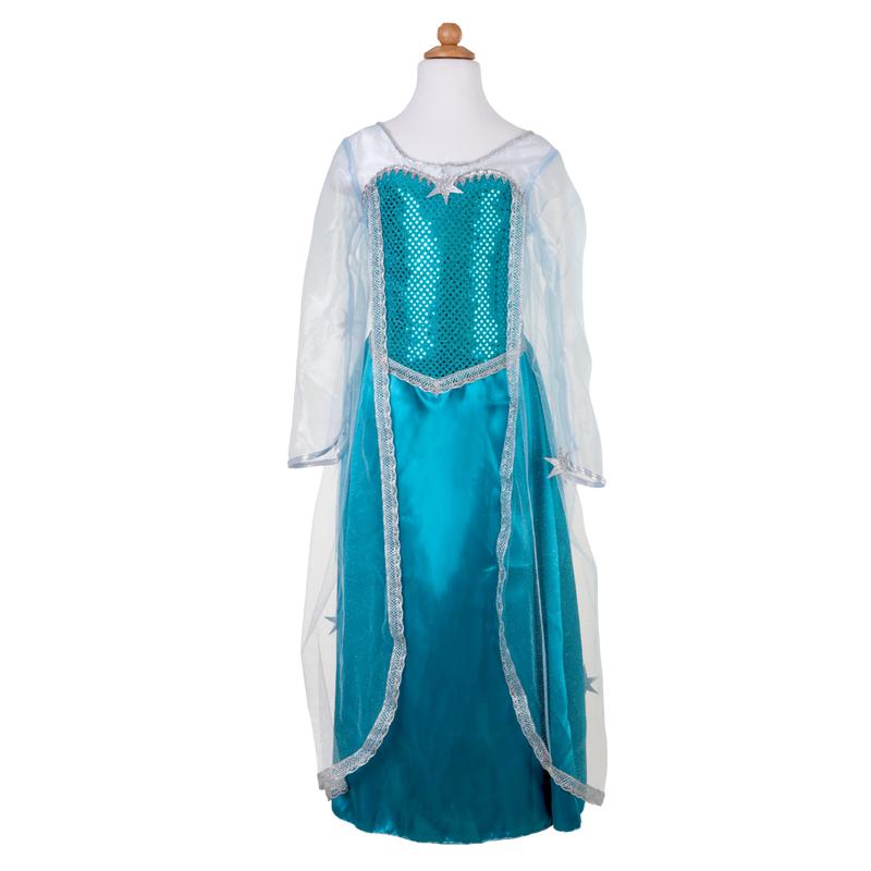 Ice Queen Dress with Cape Size 3-4 featuring a sequin bodice, crystal organza sleeves, and flowing peacock blue satin skirt.