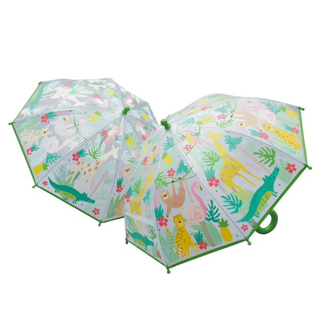 Color-Change Umbrella | Jungle featuring playful jungle animals and vibrant colors that appear when wet, perfect for kids 3+.