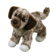 Mutt Spud plush dog with soft brindle coat, brown ears, white paws, and soulful brown eyes, perfect cuddly companion toy.
