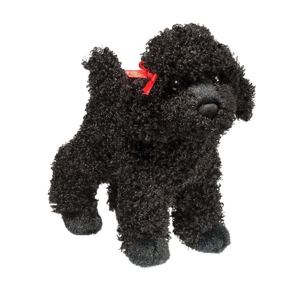 Poodle Gigi plush toy with ultra-soft curly black fur and a red bow, perfect for children 24 months and up.