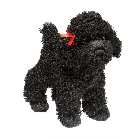 Poodle Gigi plush toy with ultra-soft curly black fur and a red bow, perfect for children 24 months and up.