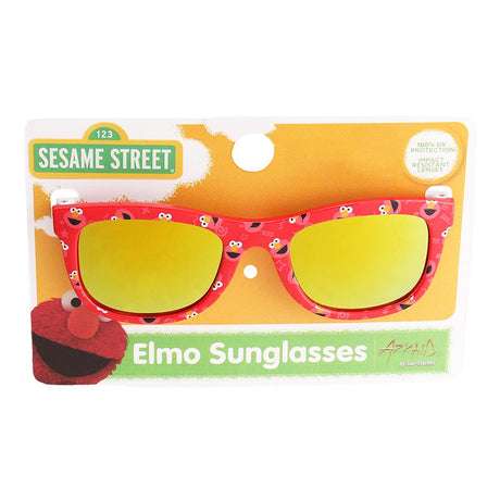 Arkaid Elmo Sunglasses with red frames featuring Elmo’s face and yellow lenses offering 100% UV protection for kids.