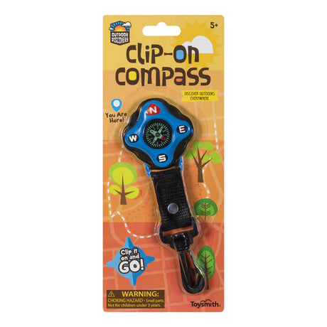 Clip On Compass in bright blue with clip lanyard for outdoor adventure and exploration, recommended for ages 5 and up.