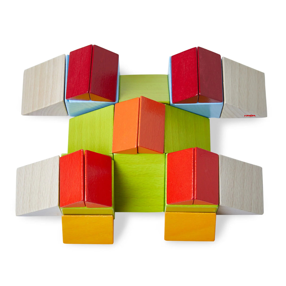 Mosaic 3D Arranging Blocks wooden colorful geometric shapes arranged in a creative design on white background