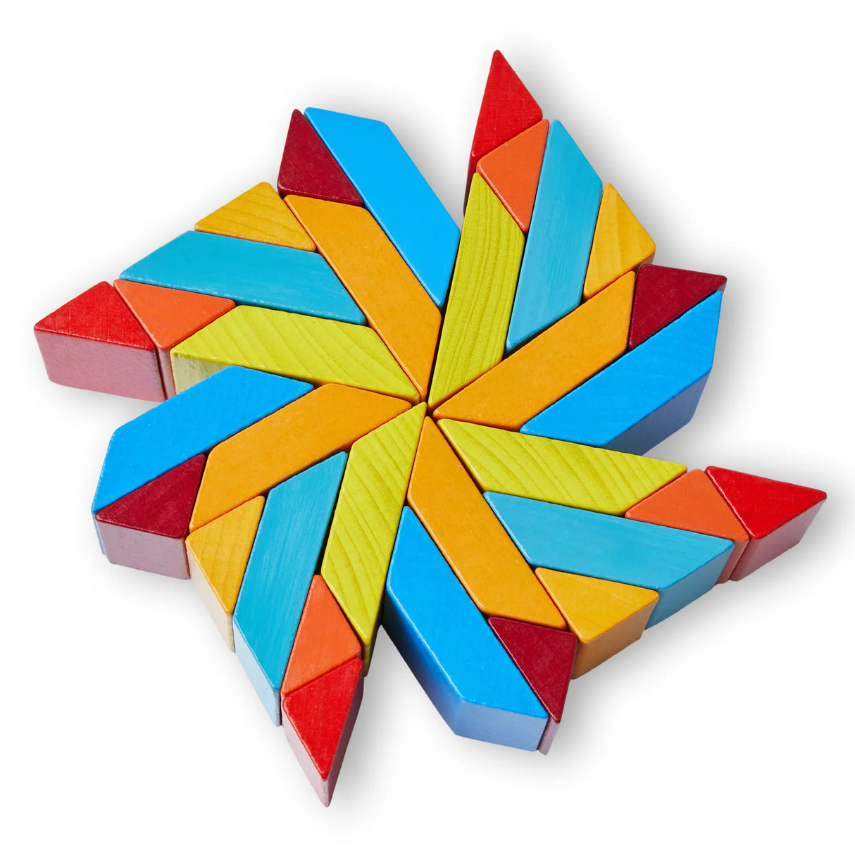 Mosaic 3D Arranging Blocks colorful geometric wooden pieces arranged in a star pattern for creative play