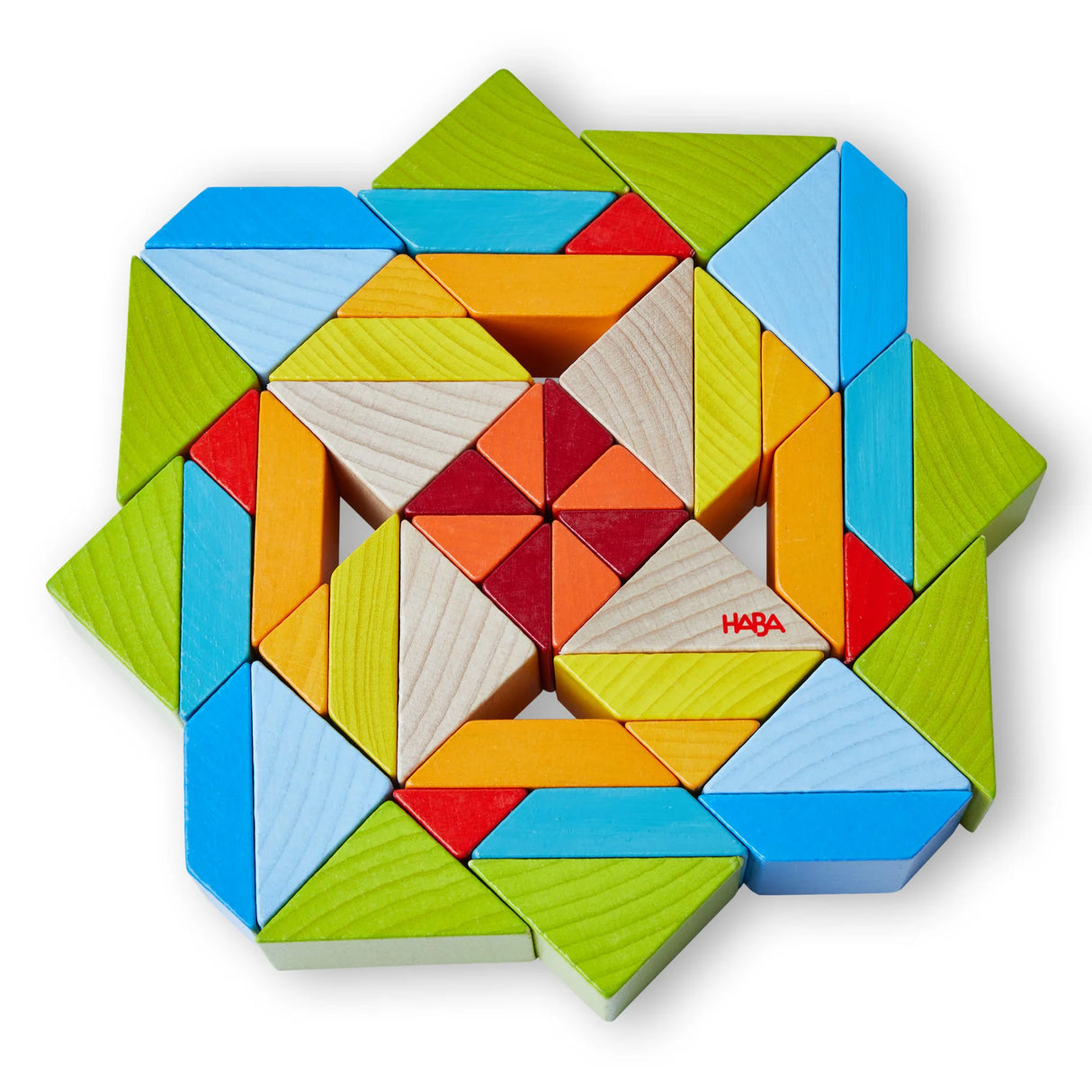 Colorful geometric design made with Mosaic 3D Arranging Blocks wooden set for creative play and learning.