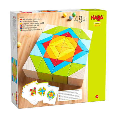 Mosaic 3D Arranging Blocks set with colorful wooden geometric shapes and 10 template cards for creative building fun.