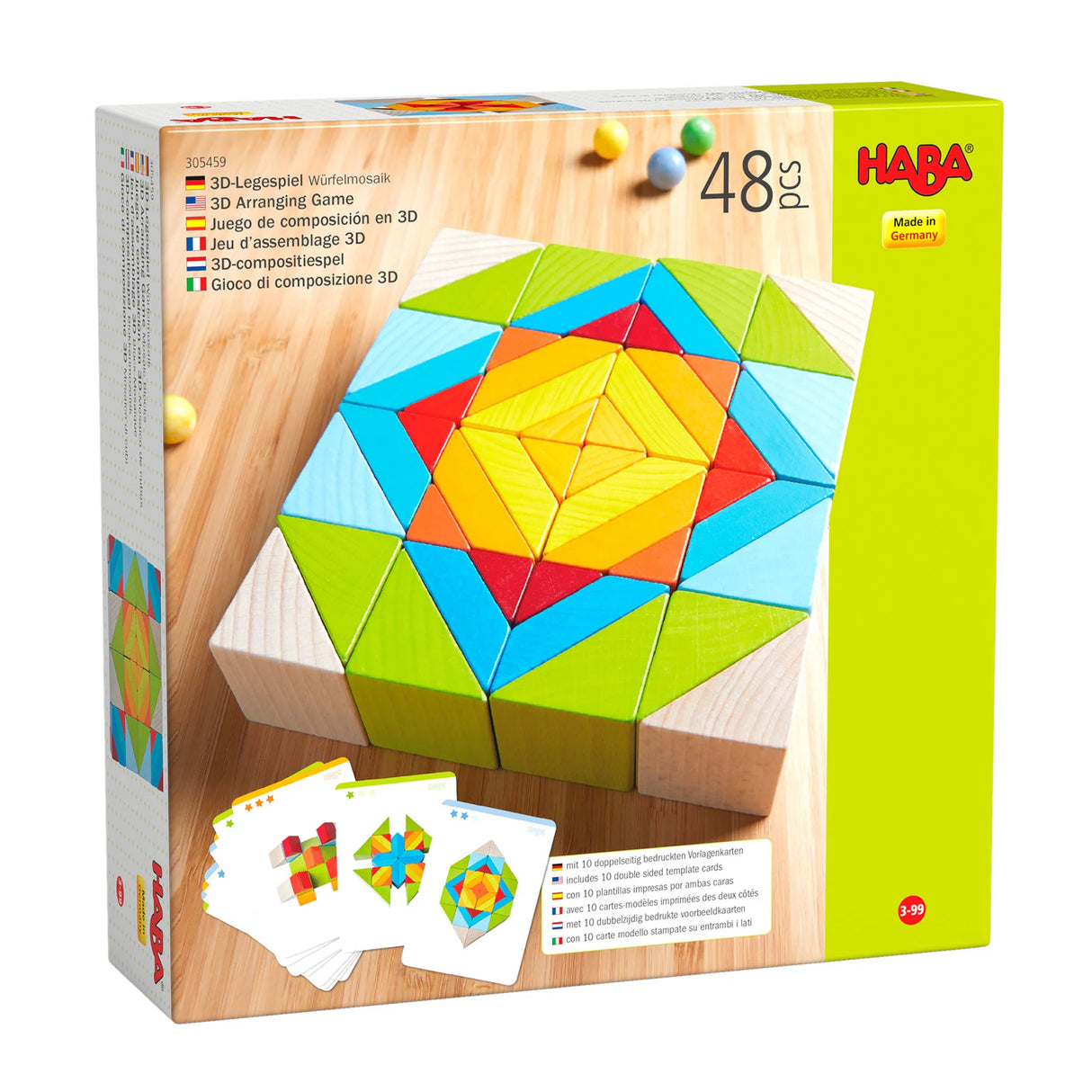 Mosaic 3D Arranging Blocks set with colorful wooden geometric shapes and 10 template cards for creative building fun.