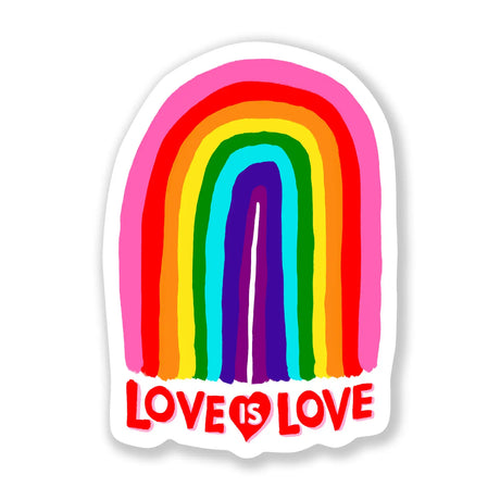 Love is Love Sticker featuring a colorful rainbow design, waterproof vinyl, perfect for personalizing gear and electronics.