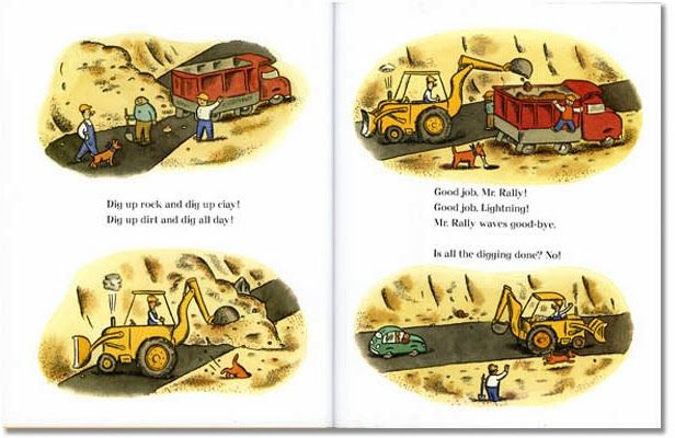 Open pages of Dig! board book showing Mr. Rally and dog Lightning digging with a yellow backhoe and red dump truck.