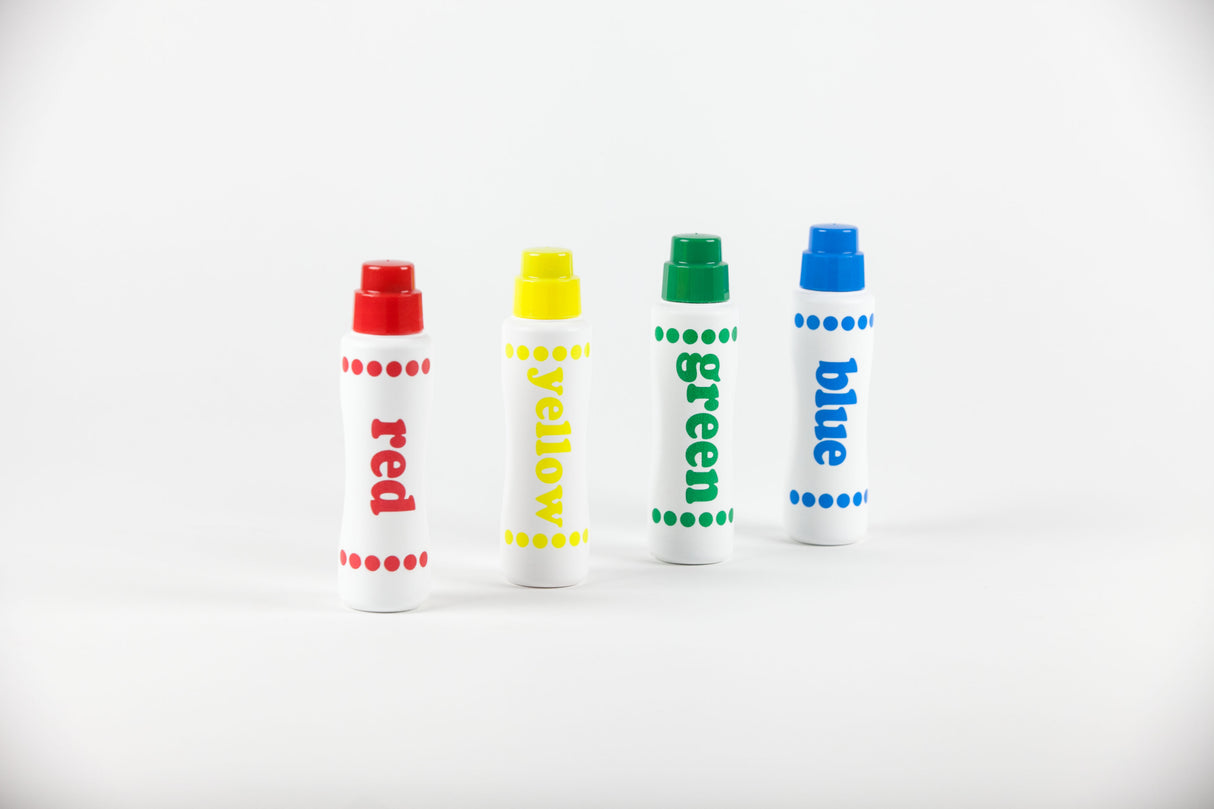 Do A Dot Art! Markers 4 pack with red, yellow, green, and blue washable dot markers for kids' crafts.