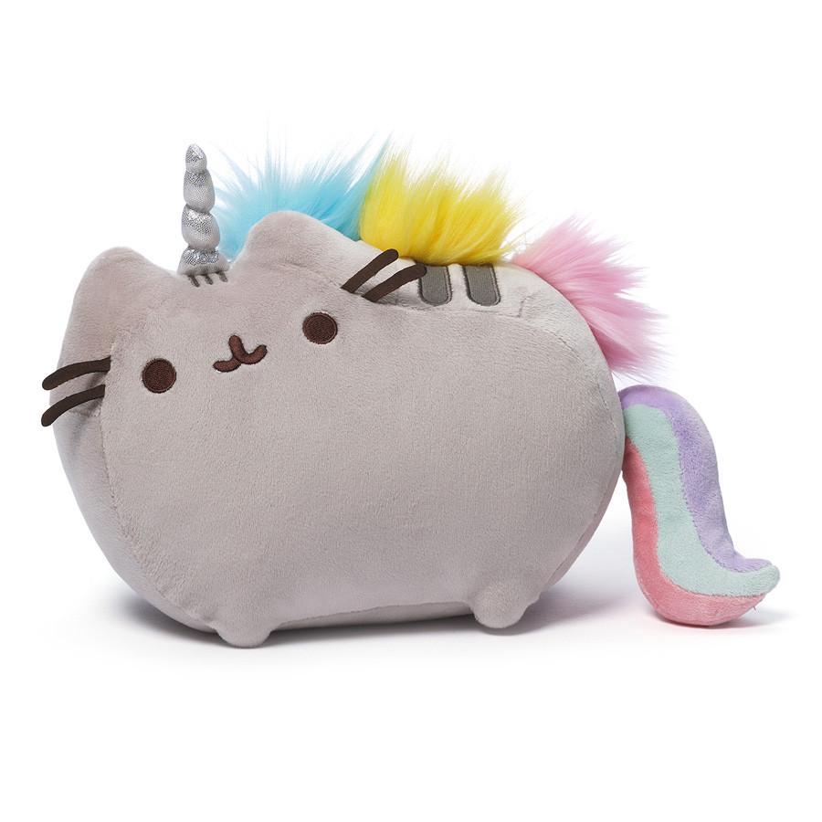 Pusheenicorn plush toy with colorful rainbow mane, tail, and sparkly unicorn horn in a soft, huggable design.