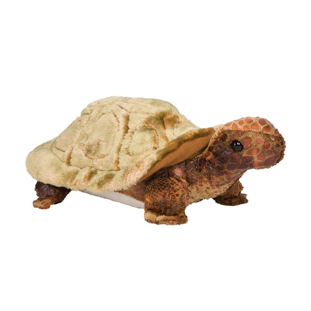 Tortoise Speedy plush toy with realistic scales, multicolored shell, soft fabric, and lifelike bright black eyes.