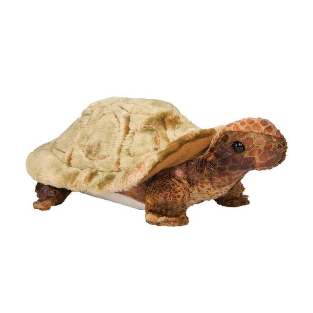 Tortoise Speedy plush toy with realistic scales, multicolored shell, soft fabric, and lifelike bright black eyes.