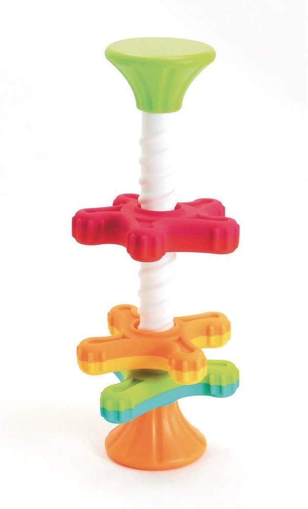MiniSpinny sensory toy with colorful propellers on a corkscrew pole for early learning and playful exploration.