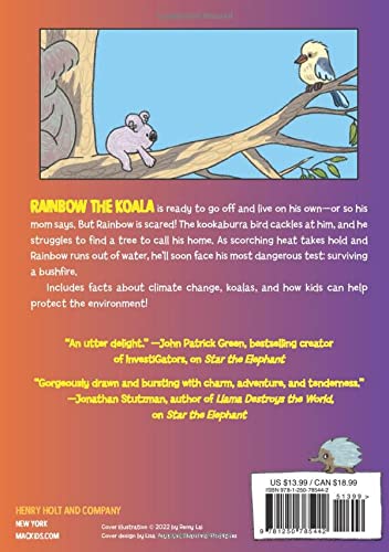 Surviving the Wild: Rainbow the Koala book back cover showing story synopsis with colorful text and koala illustration.
