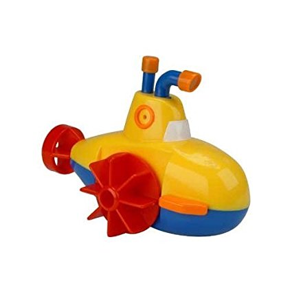 Wind-Up Tub Submarine toy in bright yellow, blue, and orange designed for fun bath or pool play for kids.