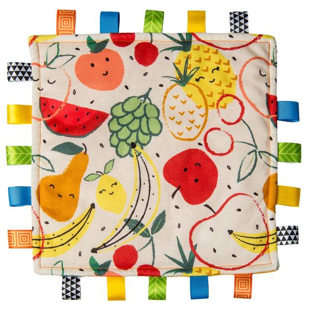 Taggies Blankie Fruit Salad with colorful fruit print, looped ribbon tags, soft plush back, and playful baby design.