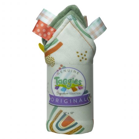 Taggies Blankie Rainbow featuring soft plush backing and colorful looped ribbons, perfect for soothing babies on the go.
