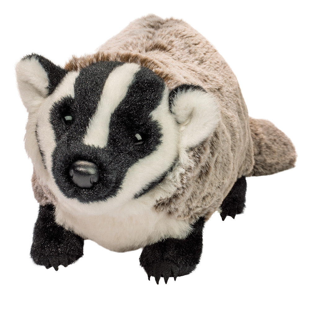 Soft plush Badger Barry with realistic black and white markings and cuddly gray coat, perfect for hugs and play.