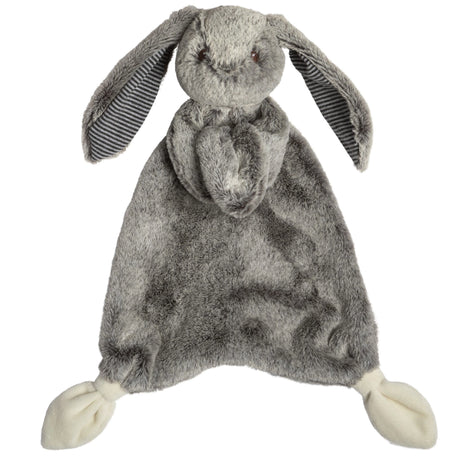 Silky Grey Bunny Lovey with soft plush body, striped knit ears, knotted corners, and embroidered eyes, perfect for all ages.