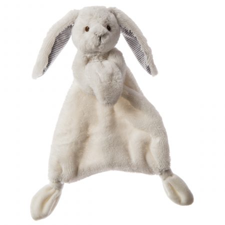Silky White Bunny Lovey soft plush bunny with striped ear lining, knotted legs, and embroidered eyes, perfect gender-neutral gift.