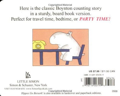 Hippos Go Beserk! features a friendly hippo sitting at a table, perfect for travel, bedtime, or party time board book.