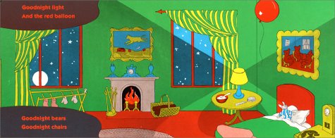 Goodnight Moon illustration of a cozy green room with a bed, fireplace, red balloon, and nighttime window scene.