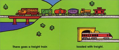 Trains board book illustration showing a colorful freight train loaded with coal and freight crossing a bridge in vibrant style.