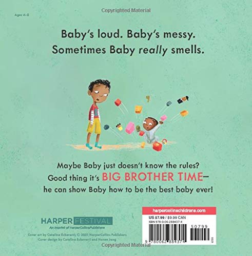 Back cover of the hardcover picture book It’s Big Brother Time showing a boy and a baby playing messily.