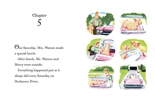 Page from Mercy Watson Goes for a Ride showing Mrs. Watson, Mr. Watson, and Mercy the pig near a pink convertible car.