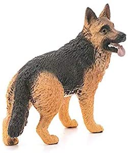 German Shepherd figurine showing the breed's distinctive black and tan coat, standing alert with tongue out.