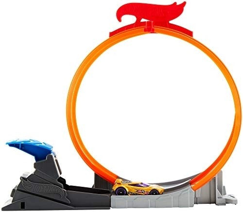 Hot Wheels Classic Stunts playset with orange loop track, launcher, and yellow stunt car ready for action.