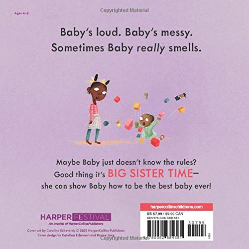 Back cover of the hardcover picture book "It's Big Sister Time" showing big sister watching messy baby play.