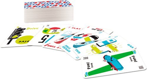 Mille Bornes card game showing racing-themed cards including fuel, speed limits, and safety cards in a casual spread.