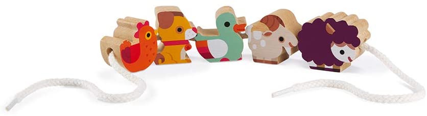 Lacing Farm Beads with wooden animal shapes and two white lacing strings for toddlers to develop motor skills.