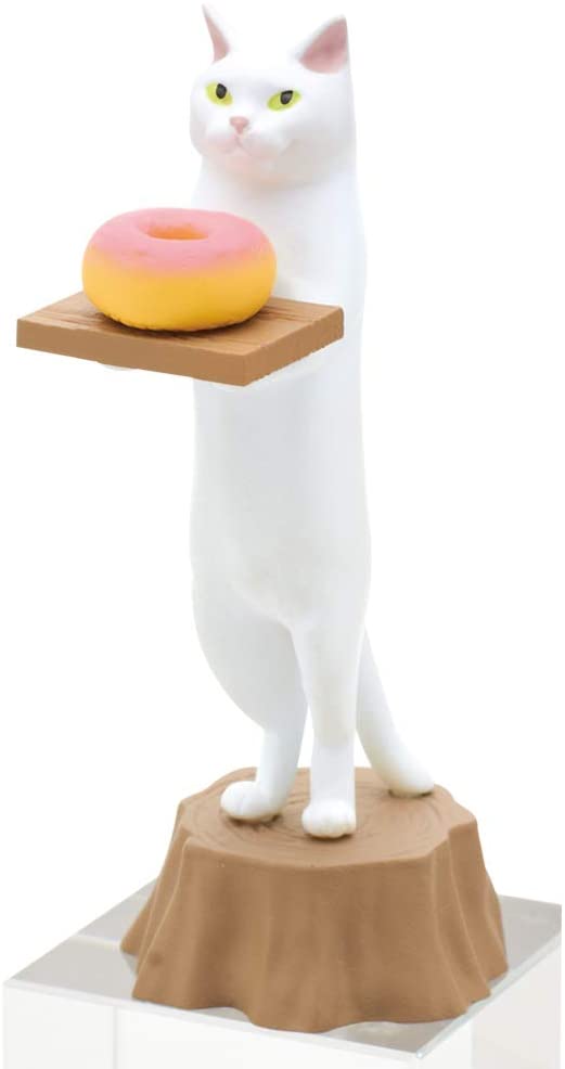 Cat Bakery Blind Box features a white cat figurine holding a tray with a pink and yellow donut on a tree stump base.