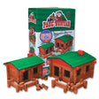 Paul Bunyan Box with two wooden log cabins built from the 200 piece set for creative building fun.