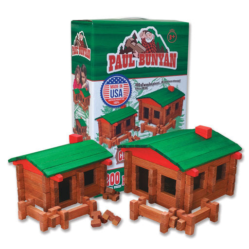 Paul Bunyan Box with two wooden log cabins built from the 200 piece set for creative building fun.