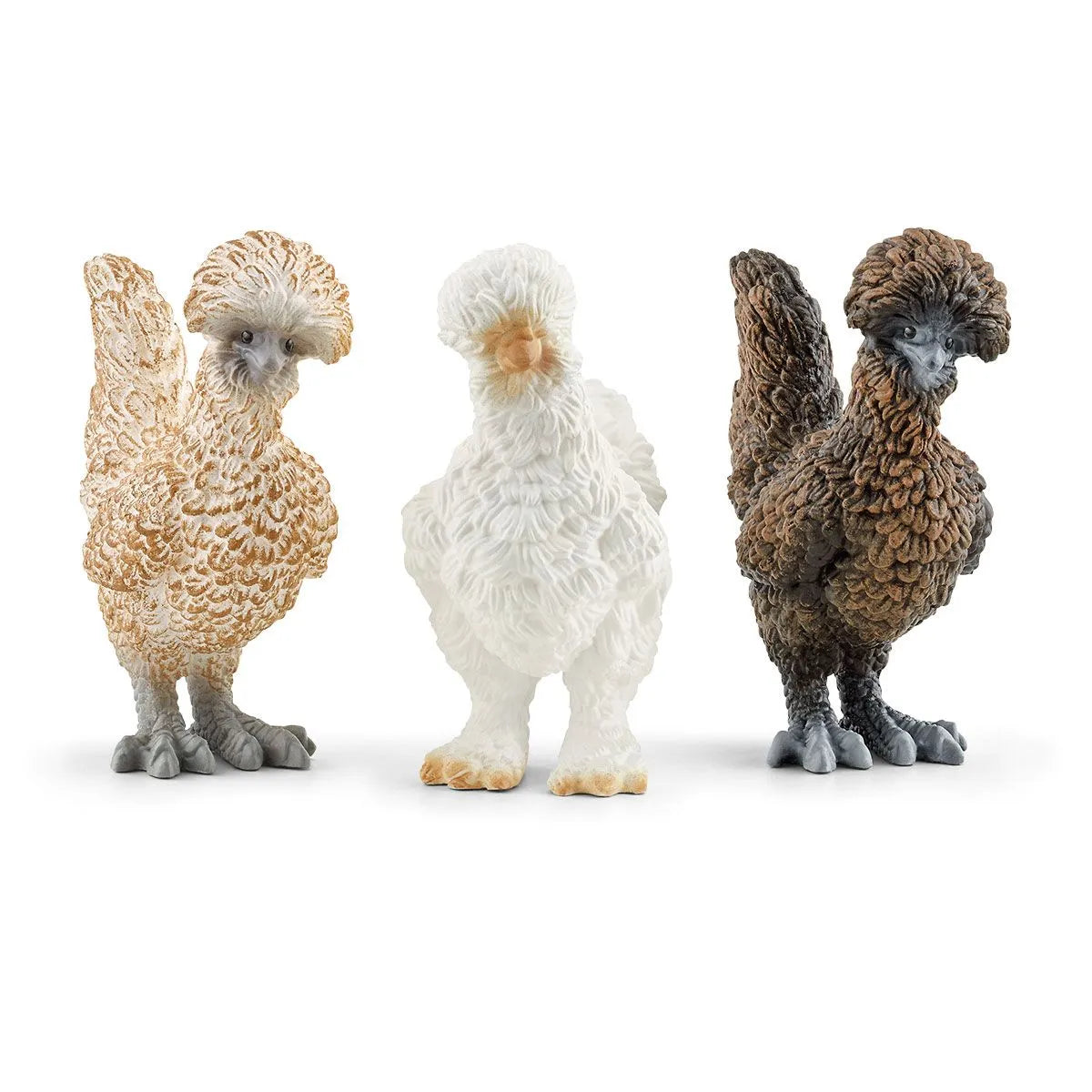 Chicken Friends set featuring two Polish chickens and a Silkie chicken with detailed feathers standing together.
