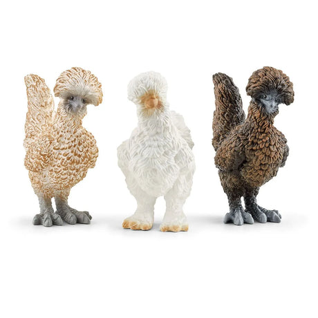 Chicken Friends set featuring two Polish chickens and a Silkie chicken with detailed feathers standing together.