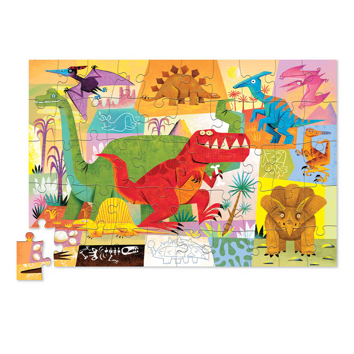 50pc Dino World Puzzle featuring colorful prehistoric dinosaurs in a kid-friendly, reusable tin packaging.