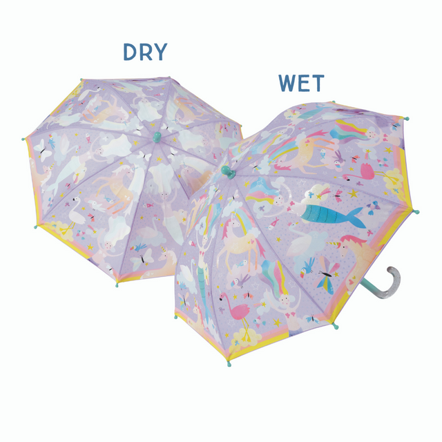 Color-Change Umbrella | Fantasy showing dry white design and wet colorful unicorn and mermaid rain patterns.
