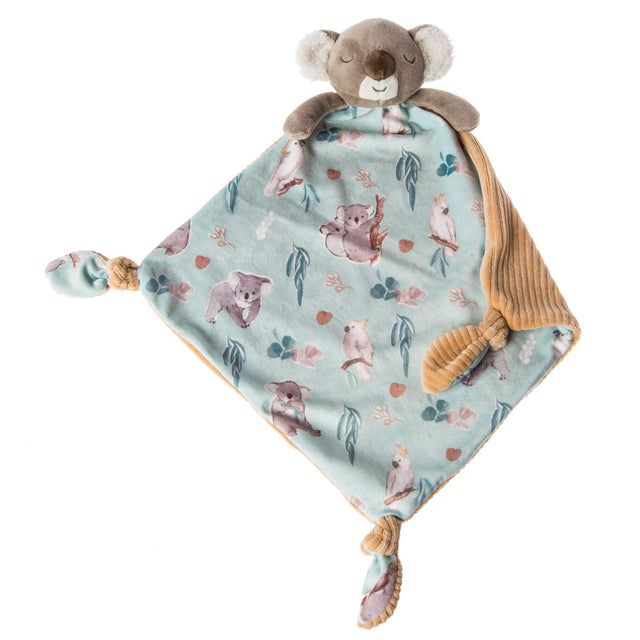 Little Knottie Down Under Koala Blankie with koala plush head and watercolor animal print, perfect for babies and toddlers.